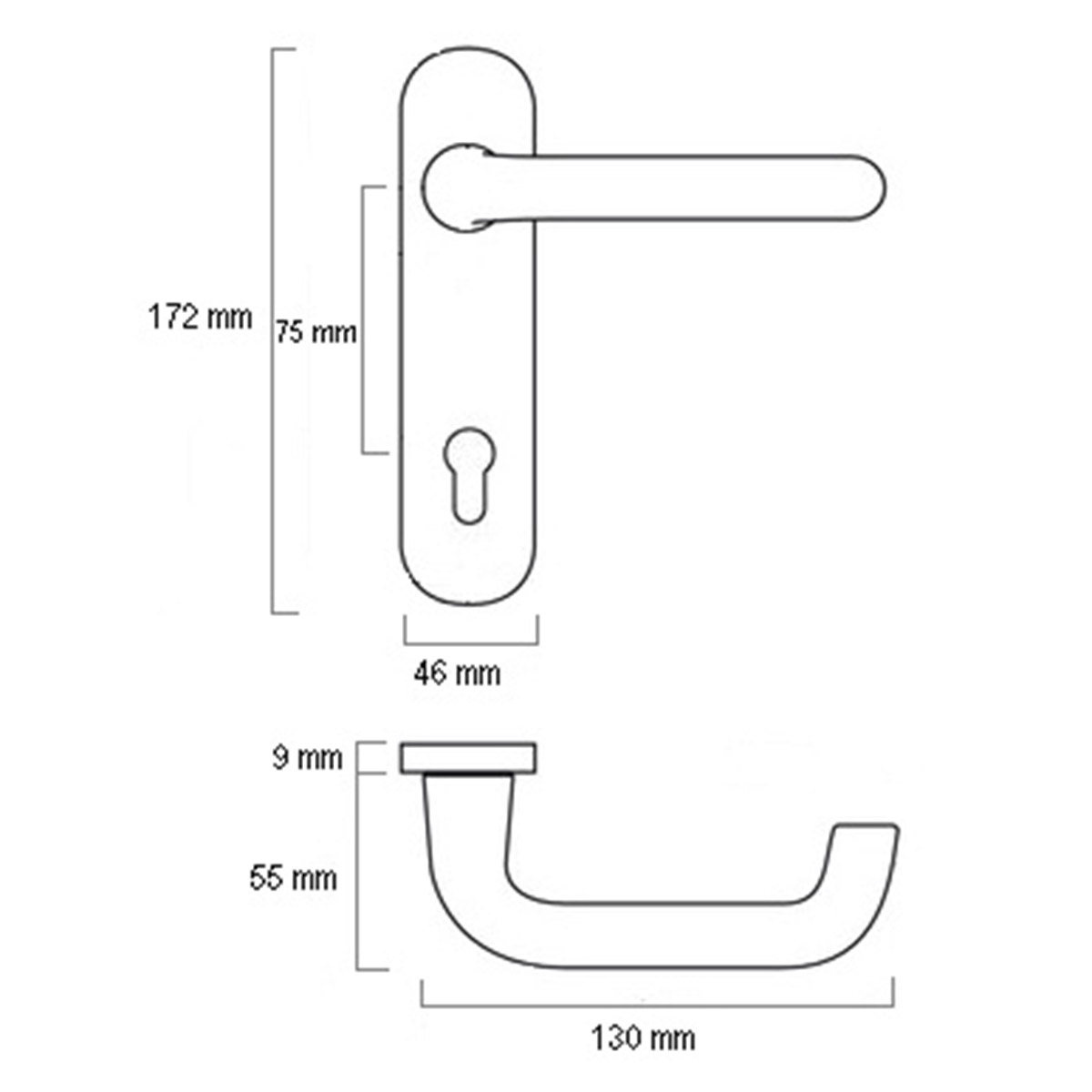 CPS Nylon Lever Handle (White Colour) with Backplate (CPS LH300) Drawing — Door & Window Systems